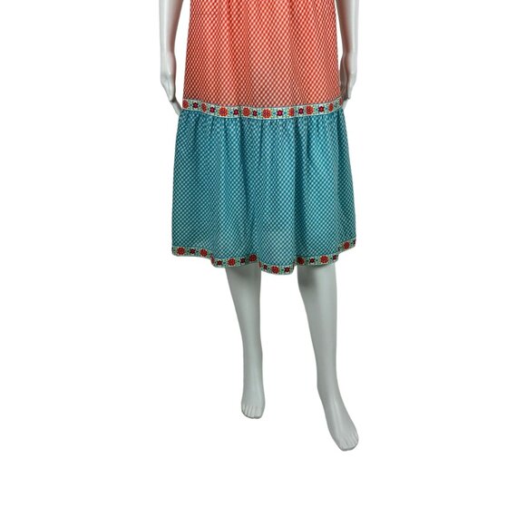 Vintage 60s Checkered Dress Women's XS Floral Trim Tiered Skirt Gingham Picnic - Picture 6 of 9